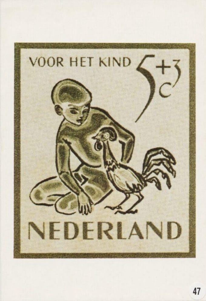 Briefkaart met afbeelding jongen met haan postzegel