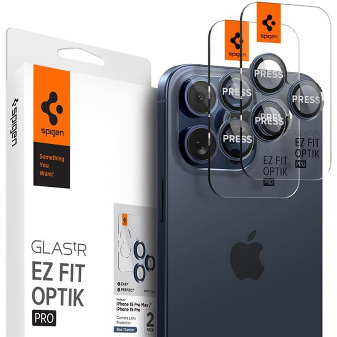 Spigen GlasTR EZ Fit Optik Pro - Camera Lens Protector Geschikt voor Apple iPhone 15 Pro / iPhone 15 Pro Max - met Installatieframe - Duo Pack - Titanium Blauw
