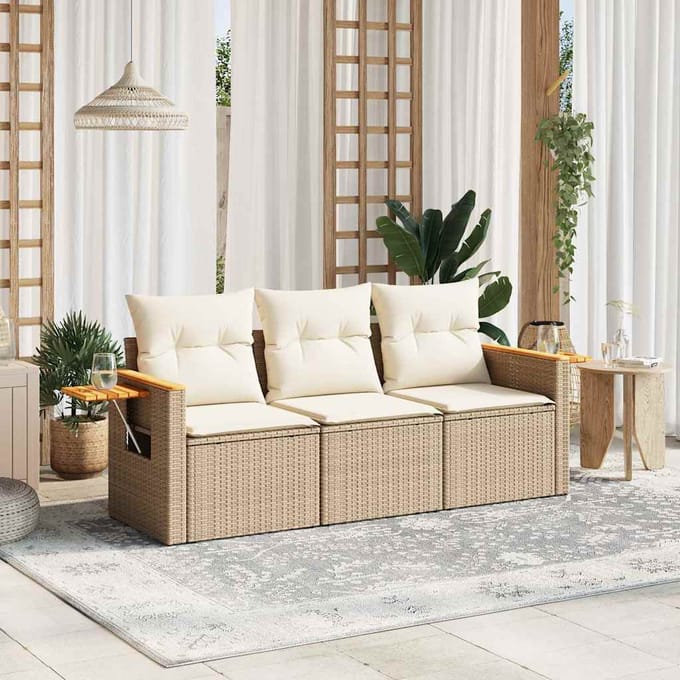 vidaXL - 3-delige - Loungeset - met - kussens - poly - rattan - beige