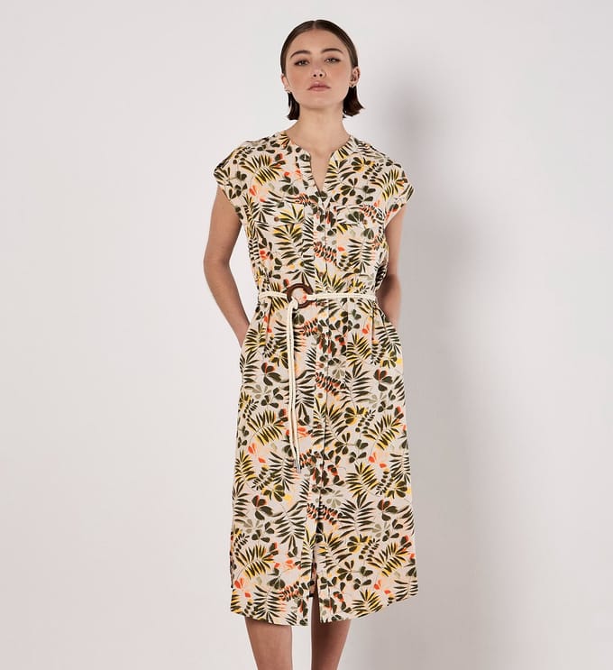Midi-shirtjurk met bladprint en ceintuur