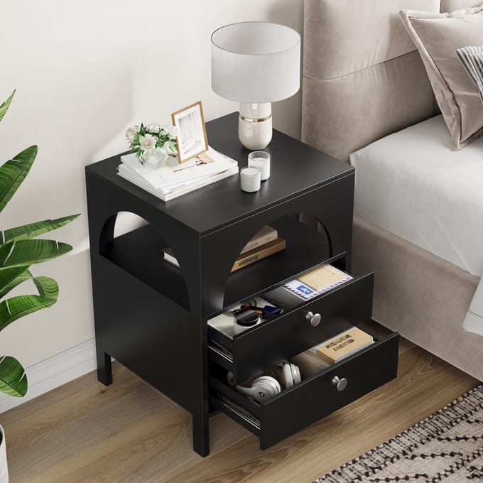 Wishdor - Nachtkastje - 2 Lades En Open Vak - Modern - MDF - Zwart