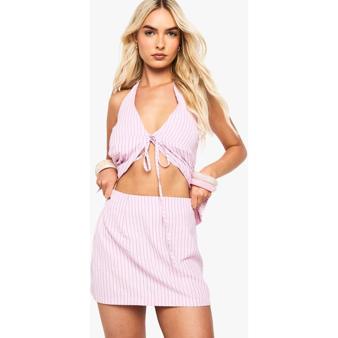 boohoo Dames Textuurgestreepte Mini-Rok | Pastel Pink | Maat: 10
