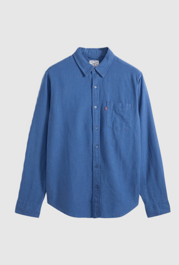 shirt gemengd linnen met pocket man blauw
