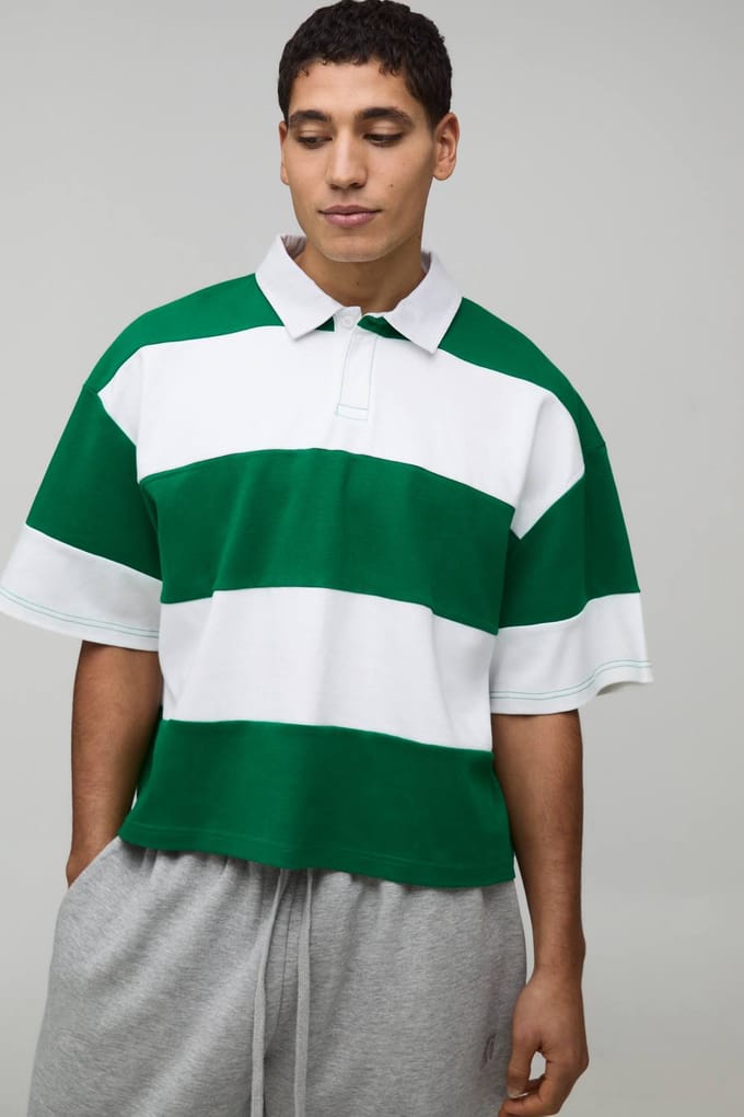Oversized Gekrompen Gestreepte Interlock Korte Mouw Rugby Polo | Green | Size Medium