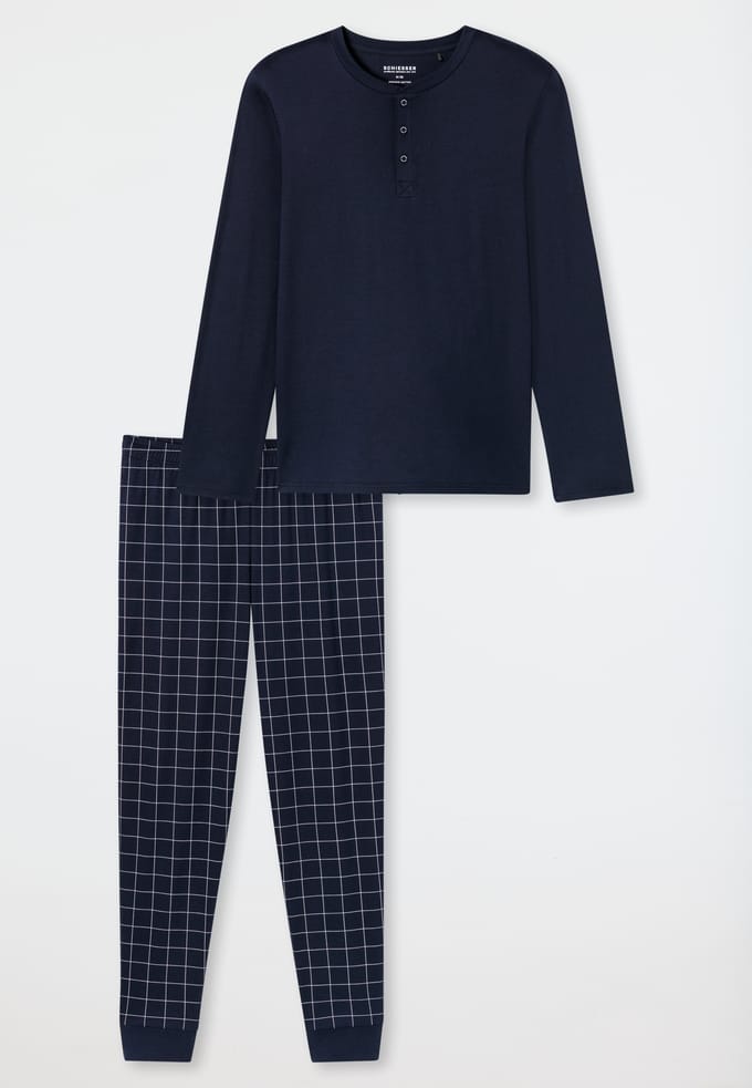 Lange pyjama van interlock met manchetten en knoopsluiting, nachtblauw geruit - Fine Interlock 54