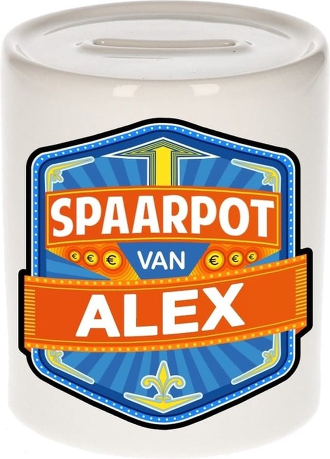 Bellatio Decorations Kinder spaarpot met naam - Alex - keramiek - met dop - wit - Sparen - Spaargeld van Alex