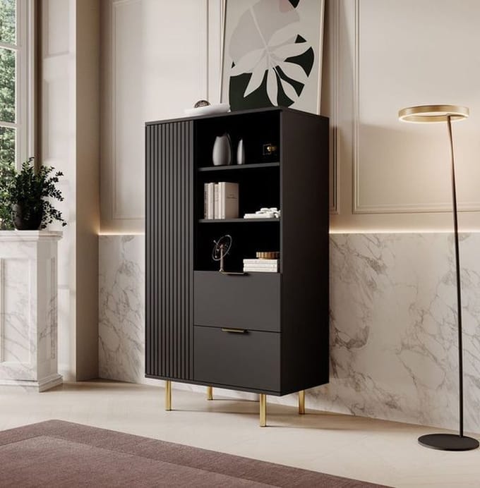 Meubella - Vitrinekast Nicola - Mat zwart - 80 cm - Laag