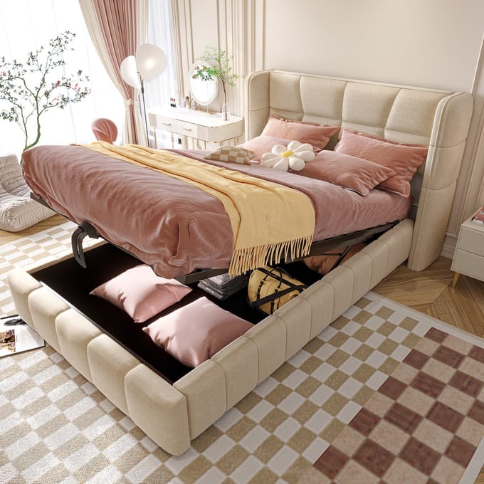 Gestoffeerd Bed - 90x200 cm Kinderbed Met Opbergruimte Gasveer Bedframe Beige