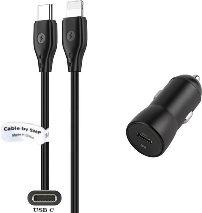 OneOne auto snellader + 1,0m OneOne USB C naar Lightning kabel. 20W lader. Universele autolader adapter past op Apple iPhone 12 Pro (Max), iPhone 13, iPhone 13 Mini, iPhone 13 Pro (Max), iPhone 14, iPhone 14 Plus, iPhone 14 Pro (Max)