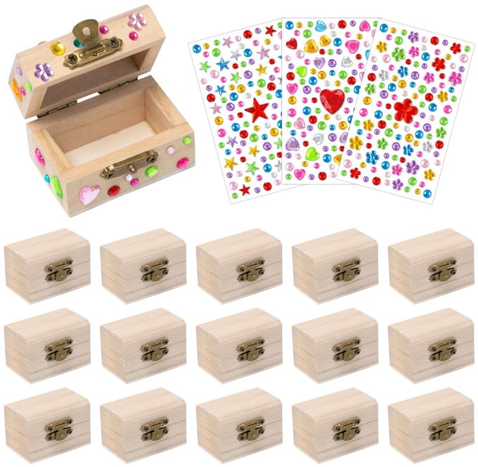Dailygoods- Schatkist Mini Houten Set - 16 Stuks - 6 x 3,5 x 3,5 cm - Opbergdoos met Deksel - Knutselen - Kinderschatkist - Inclusief Kleurrijke Strass-steentjes