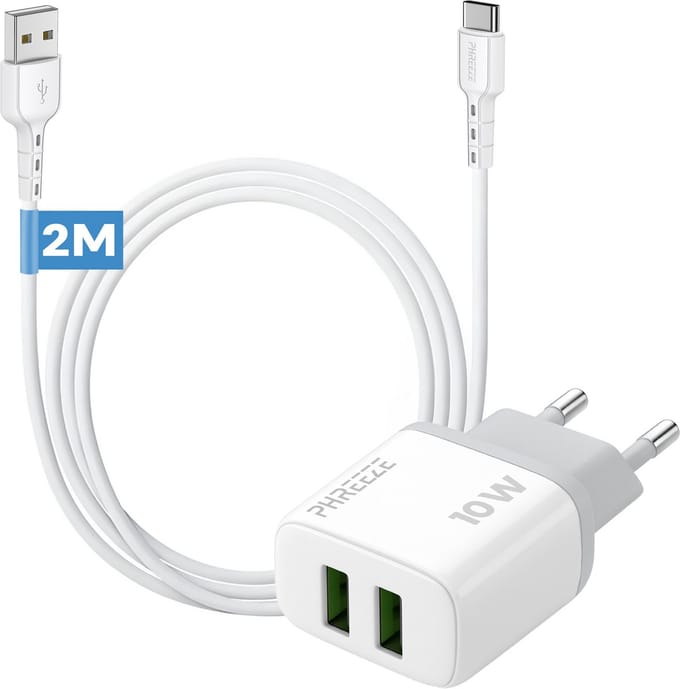 Phreeze usb adapter 12w - Usb A naar usb C kabel 2 meter - Dubbele usb poort oplader voor telefoon en tablet