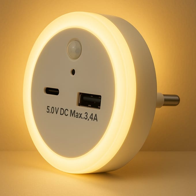 Narvie Stekkerlamp met Nachtlicht – USB-A & USB-C – Dag/Nachtsensor – AUTO/OFF/ON – 5V 3,4A