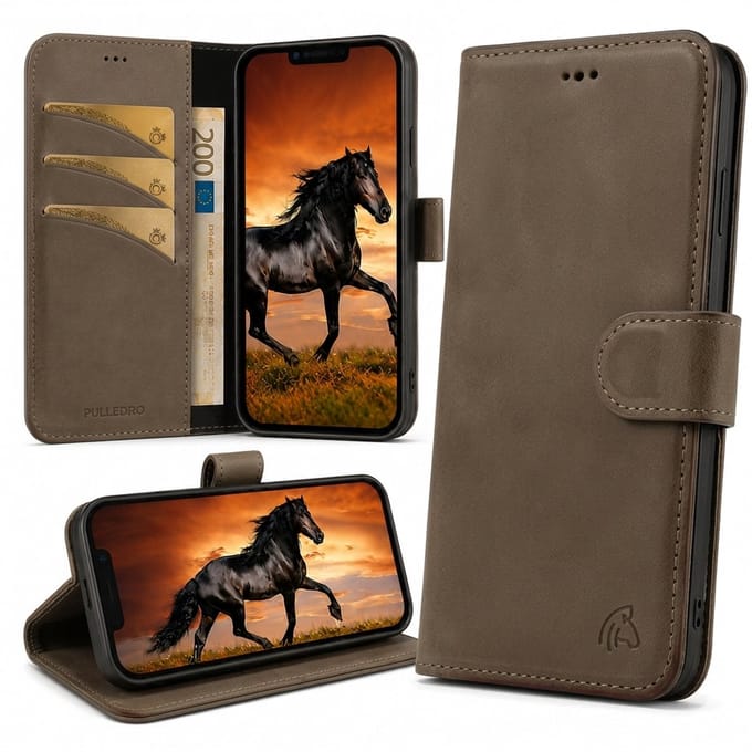 Pulledro geschikt voor iPhone 17 Pro Max lederen Bookcase - Echt leer · Handgemaakt · Standfunctie - Antic Coffee