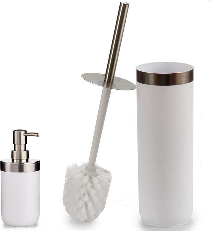 Berilo - WC-/toiletborstel houder 38cm met zeeppompje 350ml wit/zilver