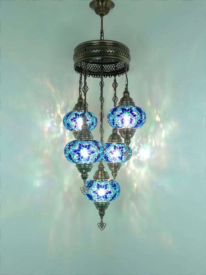 Turkse hanglamp - mozaïek glas blauw - 5 bollen - hoogte 110 cm - E-14 fitting
