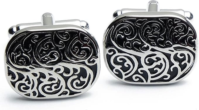 Manchetknopen - Ovaal met Zwart en Zilver Patroon
