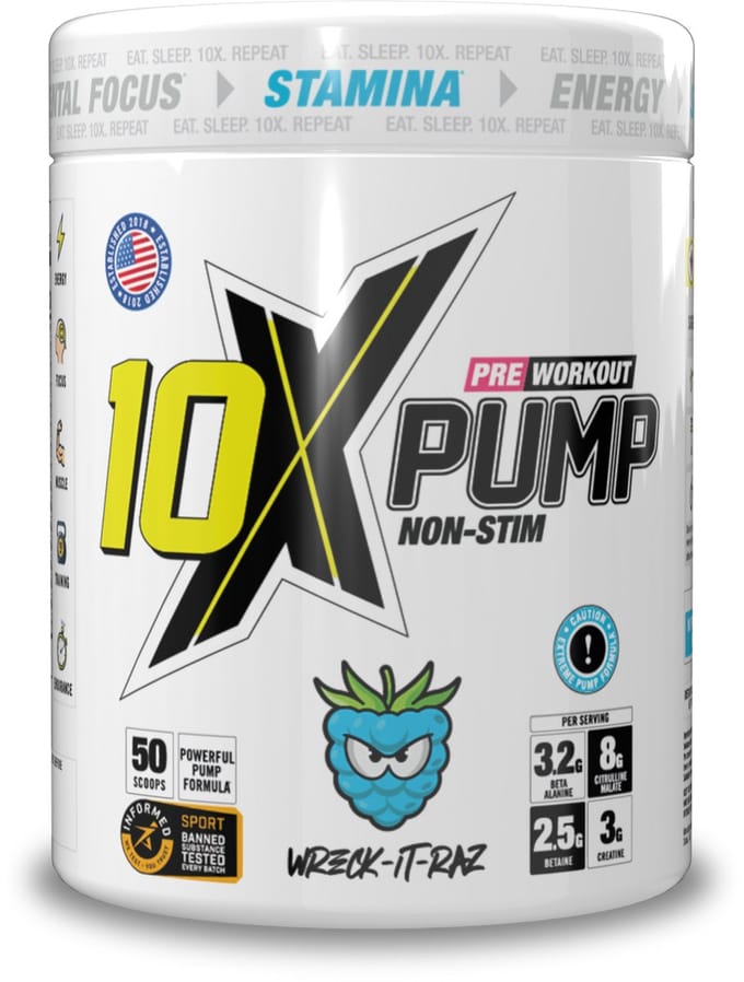 10X - Athletic - PUMP - Stim free - No Caffeine Pre Workout- Wreck it Razz - Framboos