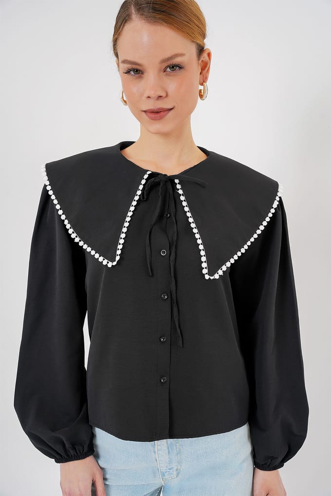 Popeline Babykraag Shirt met Strik