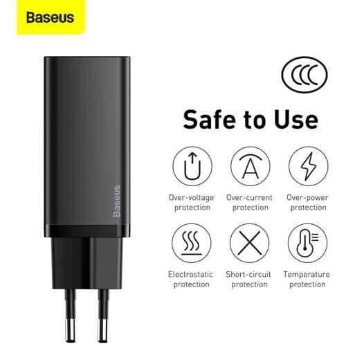 Baseus GaN2 Lite - 65W Oplader met USB C en USB A 3.0 - Zwart