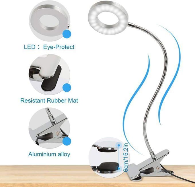 8W Lampe De Bureau À Pince 48 Led Flexible À 360°Lampe Lecture Clipsable 3 Modes D‘Éclairage &amp;10 Niveaux De Luminosité Lampe Burea zilver