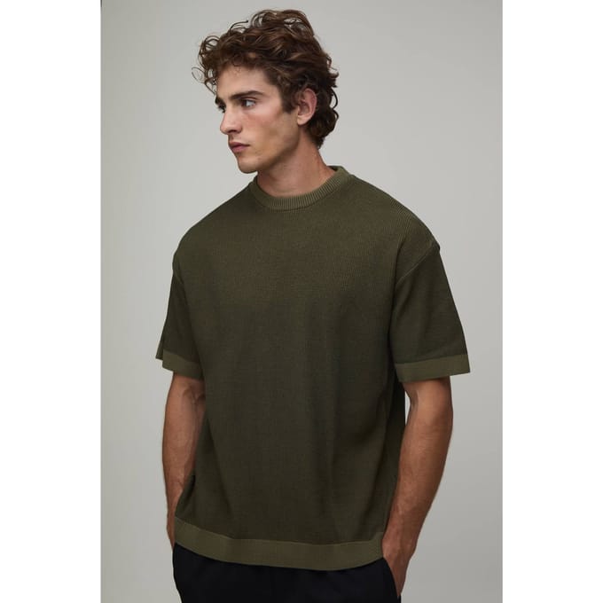 Regular Fit Geribbeld Ringer Gebreid T-shirt | Olive | Size Small