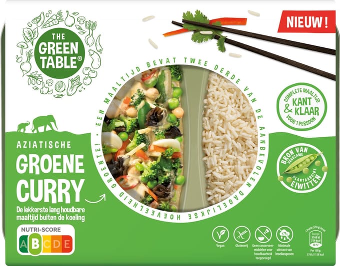 The Green Table - eenpersoons kant-en-klaar maaltijd 550 g - groene curry - plantaardig - hypoallergeen - lang houdbaar - sixpack
