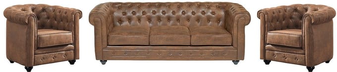 Vente-unique Driezitsbank en 2 fauteuils CHESTERFIELD van microvezel met vintage look