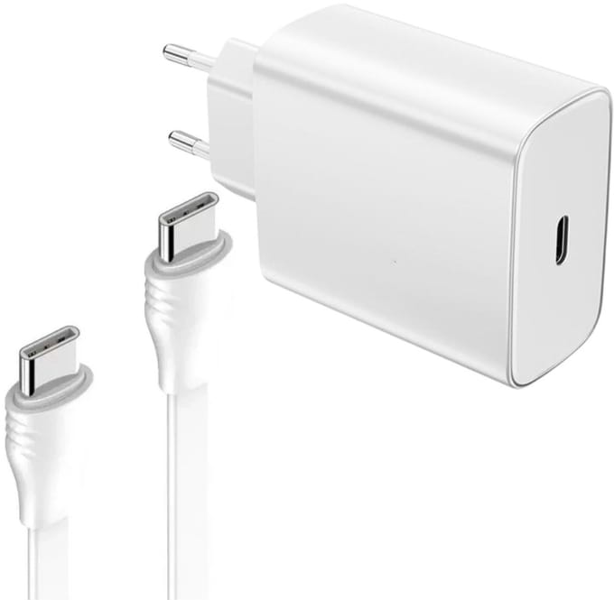 USB C Snellader 45W + Flexibele platte USB-C naar USB-C Kabel 65w - 2 Meter - Oplader - Fast Charger USB-C-Adapter - Wit