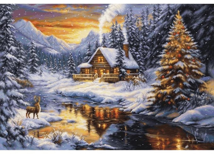 Borduurpakket Winteravond in de bergen (petit point)
