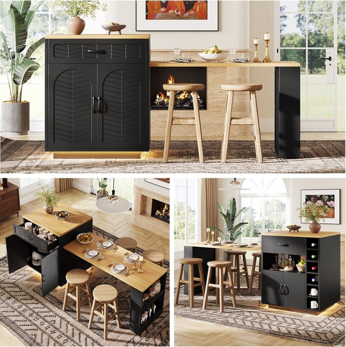 Keukeneiland - Keukenkast met Uitschuifbare Tafel, LED, 2 Laden en 4 Deuren - MDF - Zwart/Wit