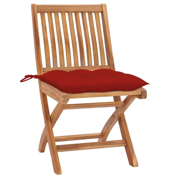vidaXL - Inklapbare - stoelen - 2 - st - met - rode - kussens - massief - teakhout