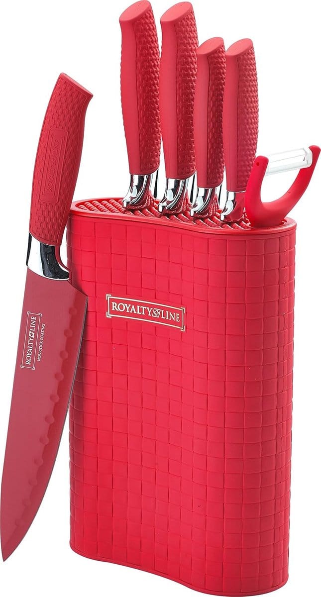 Royalty Line® 6MSTR Messenset Met Blok - Luxe 7 Delig Messenblok - Scherpe Messensets - Rood