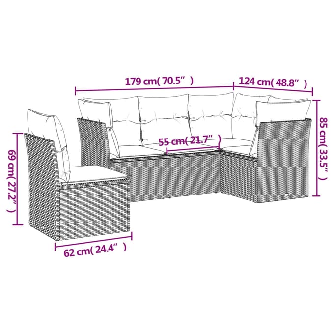 vidaXL - 5-delige - Loungeset - met - kussens - poly - rattan - beige