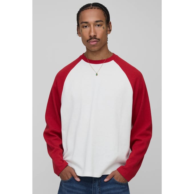 Oversized Boxy Heavyweight Wafel Raglan T-shirt met lange mouwen | Red | Size Medium