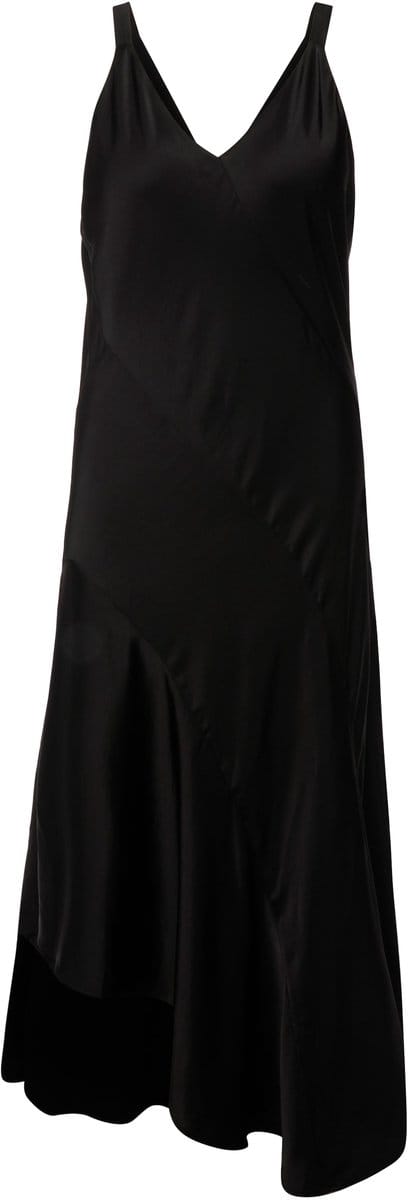 Ulla Popken - Dames - Satijnen maxi-jurk A-lijn V-hals mouwloos - Zwart - Maat 50+