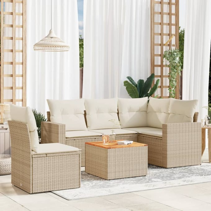 vidaXL - 6-delige - Loungeset - met - kussens - poly - rattan - beige