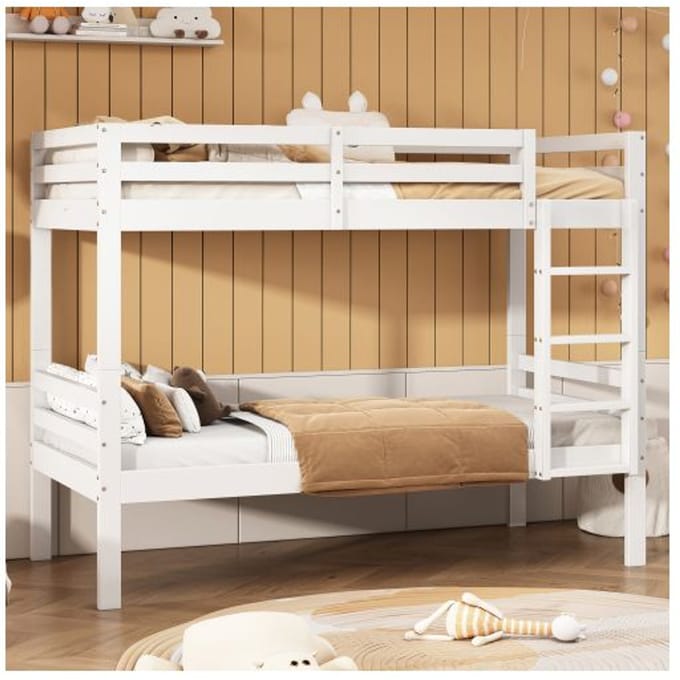 Lit superposé - MUVOE - 90x200 cm - Blanc - Échelle inclinée - Sécurité anti-chute blanc