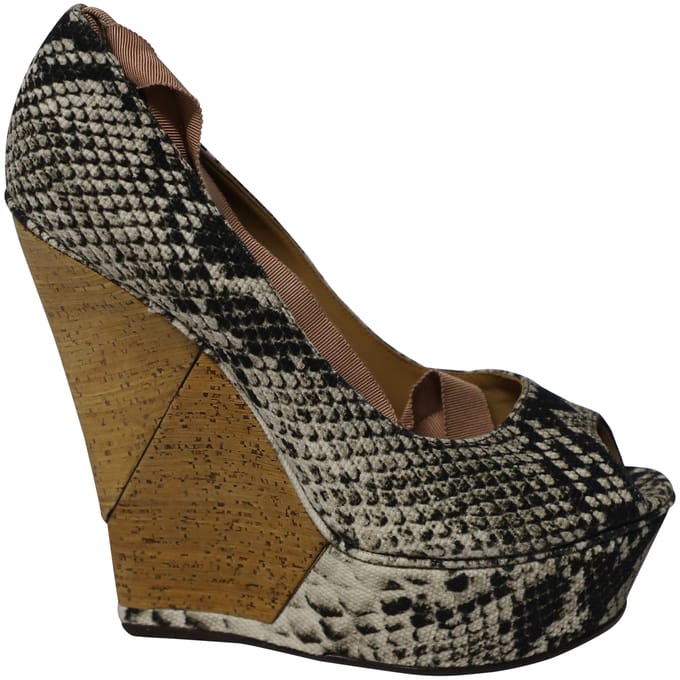 Lanvin Leren Houten Wedge Peep-toe Sandalen met Pythonprint en Bandjes