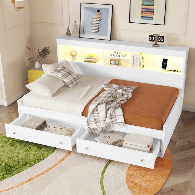 MODFU - Bedframe 90x200 cm – Wit MDF/spaanplaat met 2 lades & LED – 2 USB/2 laadpoorten