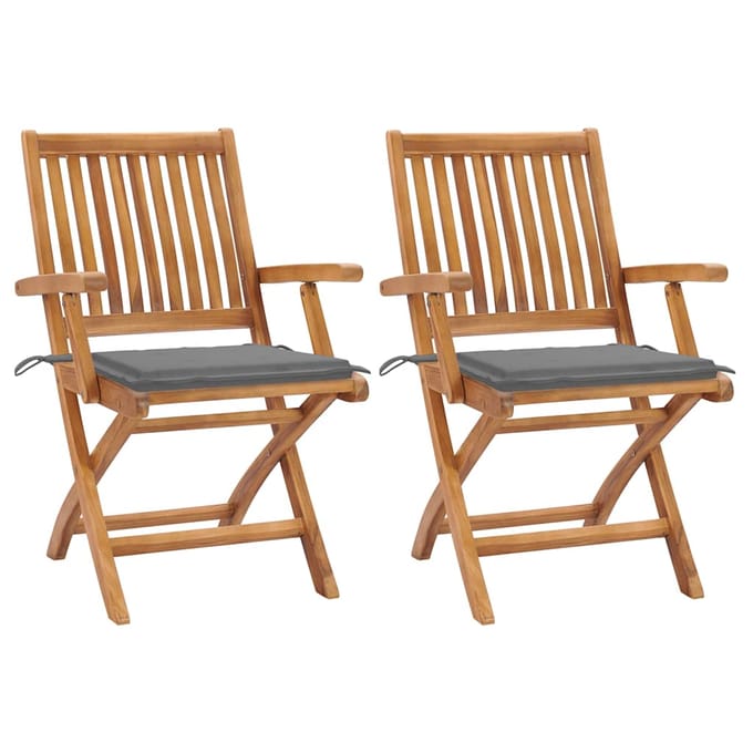 vidaXL - Inklapbare - stoelen - 2 - st - met - grijze - kussens - massief - teakhout