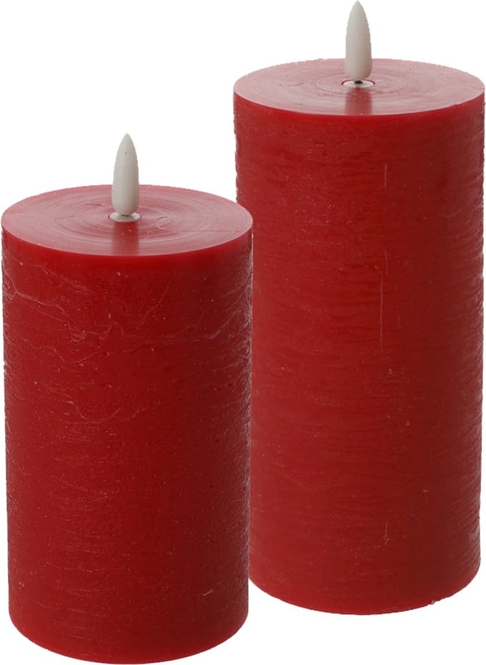 LED kaarsen/stompkaarsen - set 2x - rood - H12,5 en H15 cm - flikkerend licht - timer