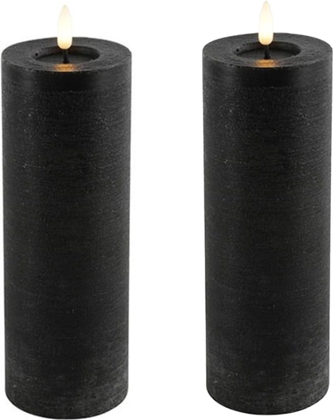Countryfield Lyon LED kaars/stompkaars - 2x - zwart - D7,5 x H20 cm - timer