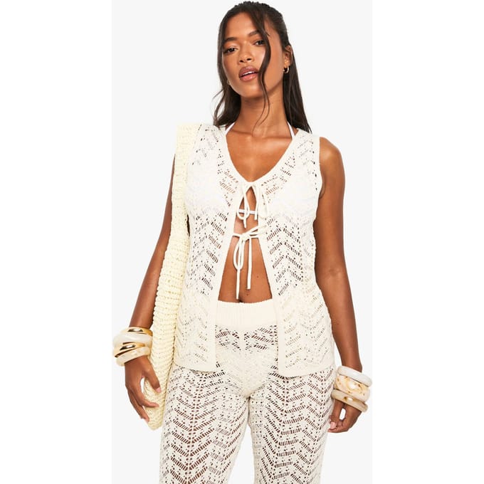 boohoo Dames Gehaakt Vest met Stropband | Cream | Maat: Medium