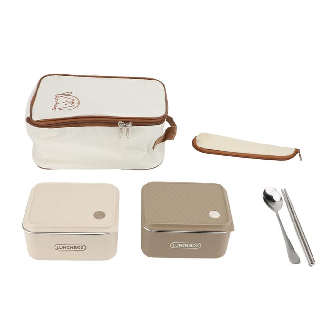 2 stuks 600ml Lunchcontainer met Eetstokjes Lepel Tas Kaki Beige Lekdicht Geïsoleerd 304 white