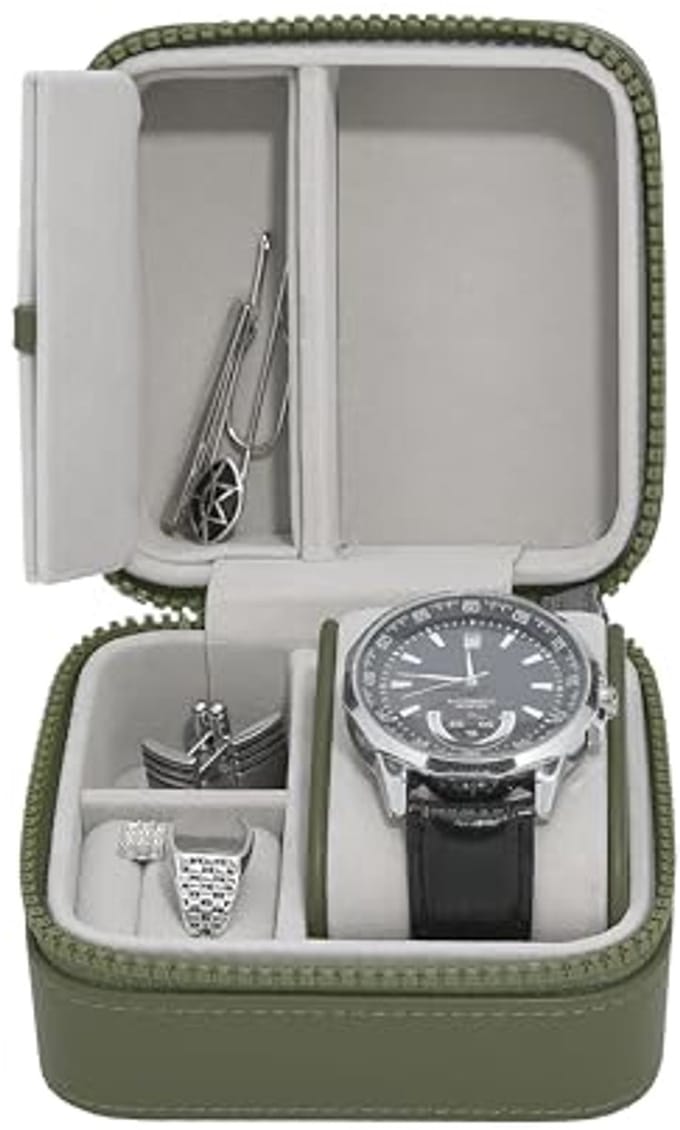 Groene Canvas Horloge- en Sieradenbox voor Compacte Opberging