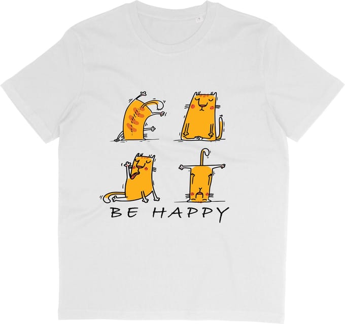 Grappig T Shirt Be Happy Cats - Cartoon Poes - Wit - Maat M