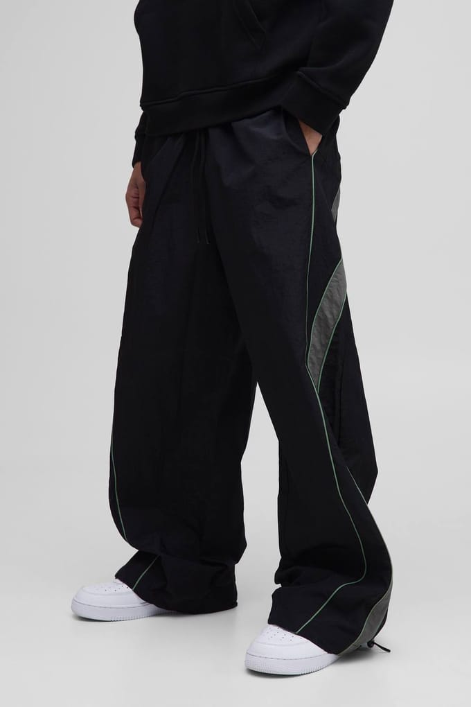 Elasticated Waist Piping Detail Parachute Track Pants | Black | Size Small