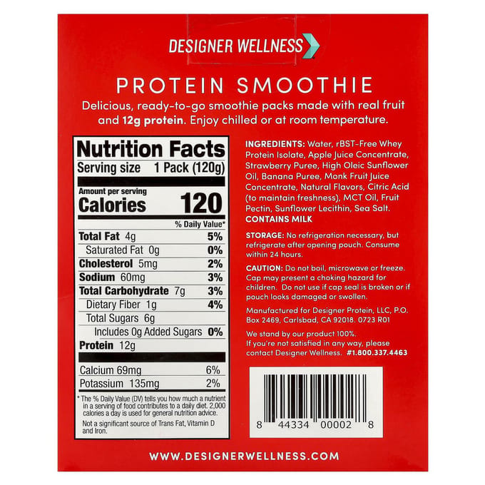 Smoothie Protéiné Designer Wellness, Fraise Banane, Pack de 4, 120g (4,2 oz) Chaque