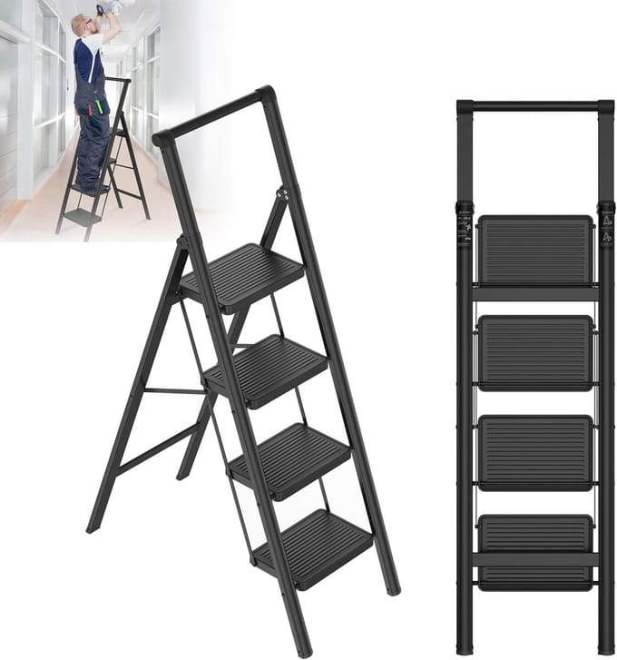 Inklapbare Trapladder - Vouwkruk Met Leuning - Veilig Klussen - Extra Breed Antislip Pedaal - 4 Treden - Zwart