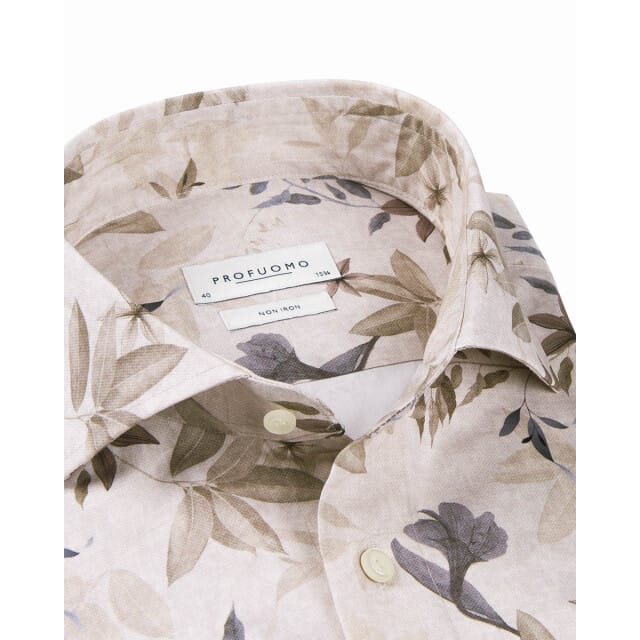Profuomo Overhemd Bloemenprint Beige - Maat 38 - Heren - Overhemden Formeel